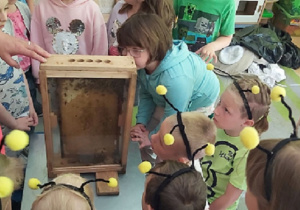 Dzieci przyglądają się drewnianej skrzyneczce, w której widać, jak pszczoły produkują miód